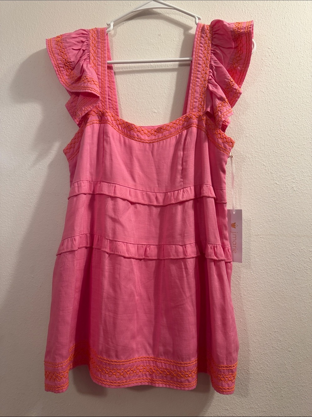 NWTJ-Marie Pink Sleeveless Ruffle Sundress with Orange Embroidery Size Small